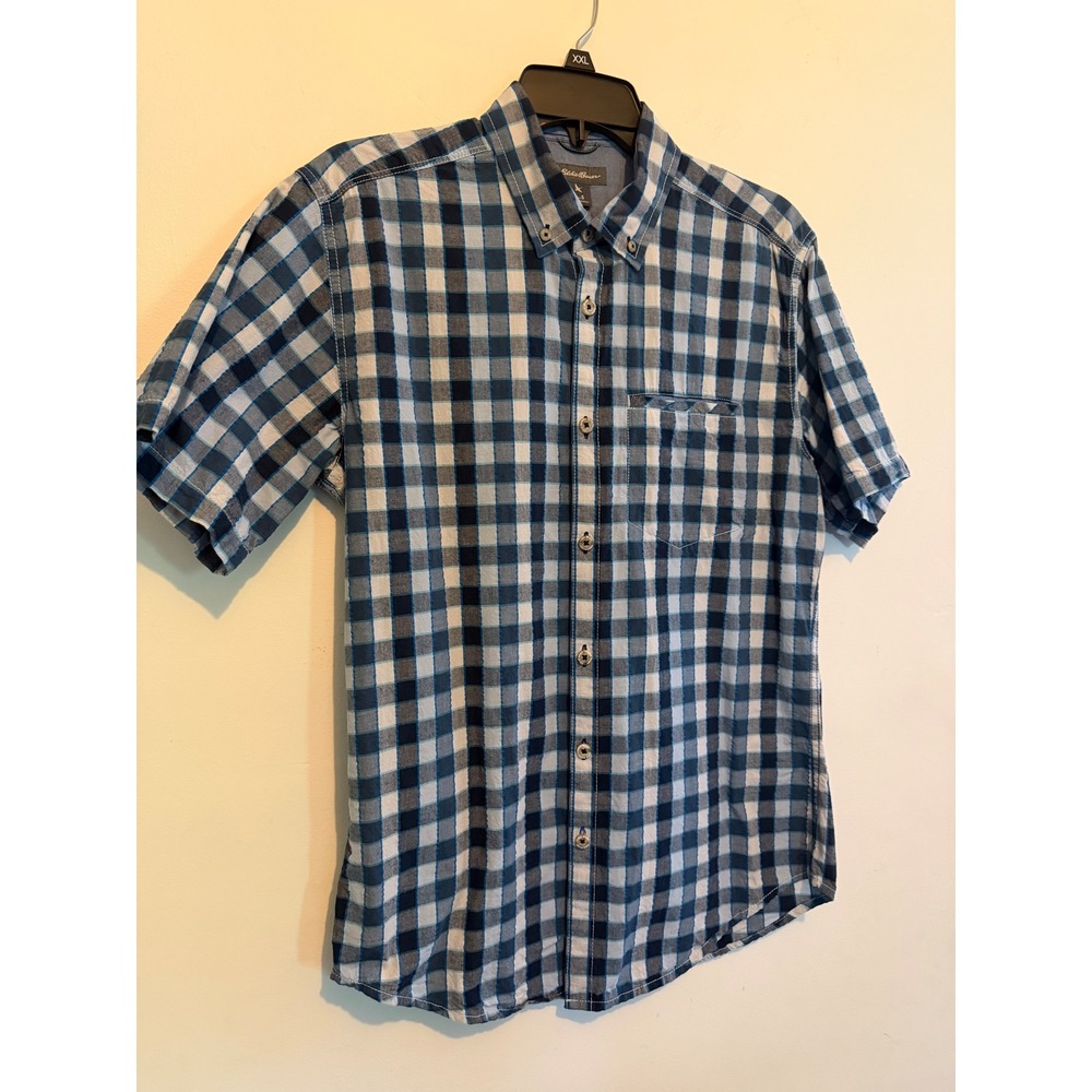 Eddie Bauer Mens Blue Gingham Check Short Sleeve Button Down Shirt Classic Fit S